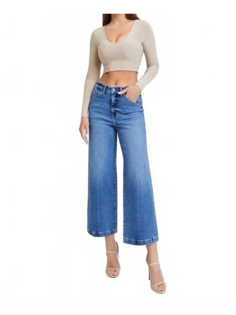 Hidden Nori High Rise Wide Leg Crop Blue Denim Trouser Jeans